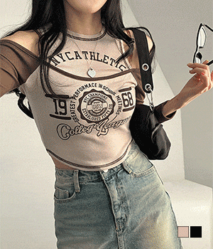 [무료배송] 레트로 힙컬리지 오프숄더 어깨트임 배색 스티치 크롭 긴팔 티셔츠