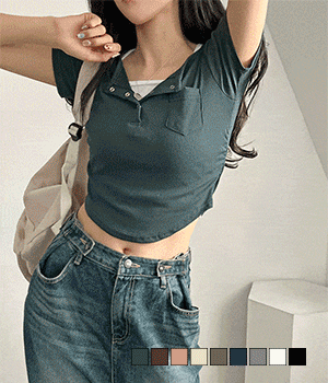 [무료배송] 셀피 사이드 셔링 밑단 언발 스냅버튼 포켓 골지 반팔 티셔츠