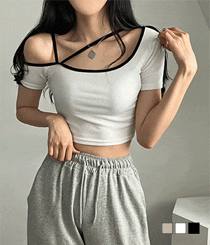 [무료배송] 꾸라쥬 사선 어깨끈 오프숄터 크롭 반팔 티셔츠