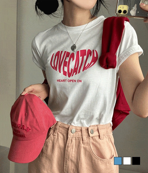 [무료배송] 러브캐치 레터링 탄탄핏 크롭 반팔 티셔츠