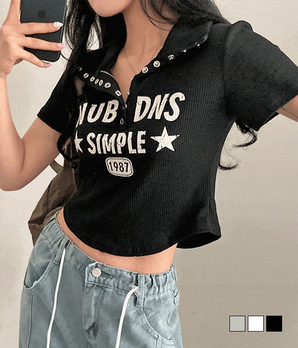 [무료배송] 스타즈 Y2K 스냅 버튼 골지 크롭 반팔 티셔츠