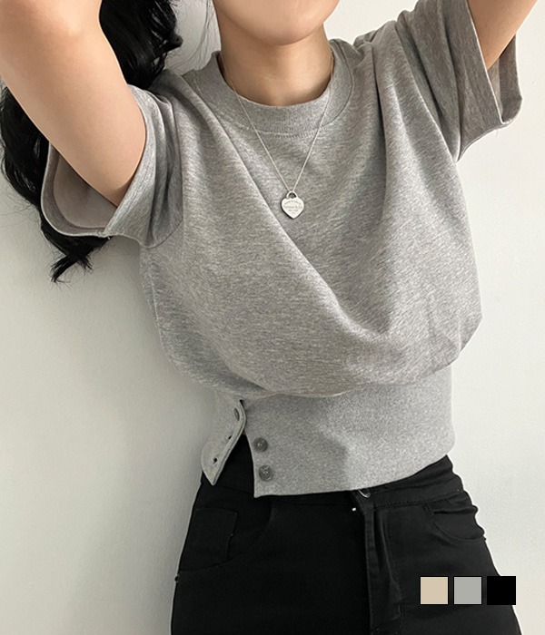 [무료배송] 몸매완성, 허리잘록 쓰리버튼 밑단 시보리 크롭 반팔 티셔츠 맨투맨