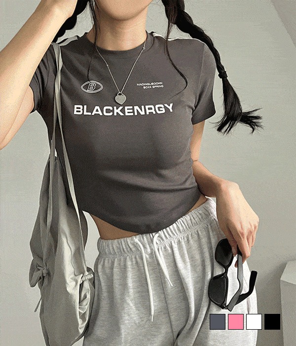 [무료배송] 블랙에너지 y2k 레터링 배색 져지 라인 밑단 언발 크롭 반팔 티셔츠